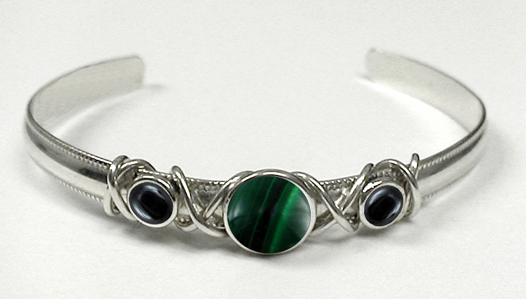 Sterling Silver Hand Made Cuff Bracelet With Malachite And Hematite